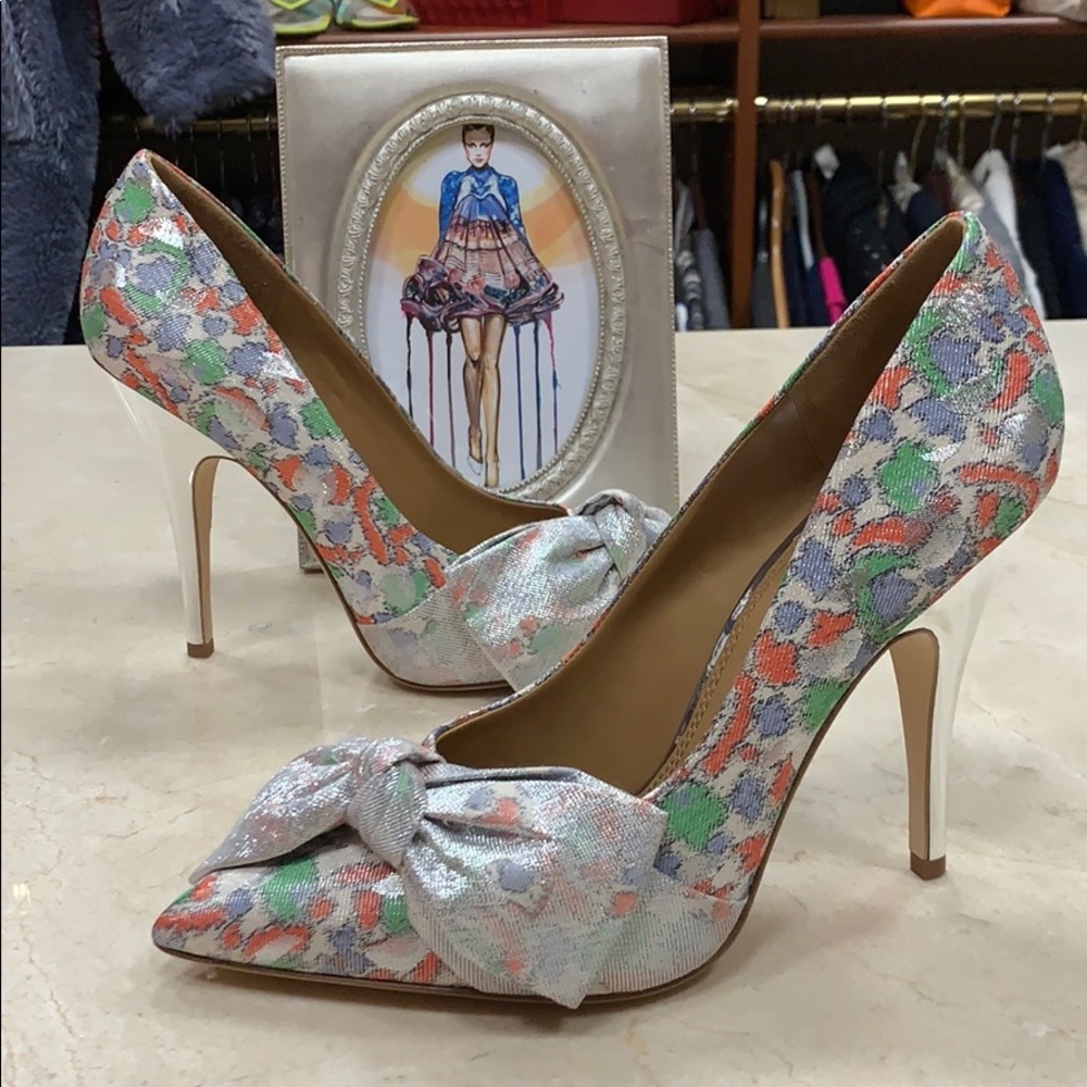 TORY BURCH 110MM BOW PUMP CHINE LUREX JACQUARD FABRIC SILVER HEEL 8 1/2
